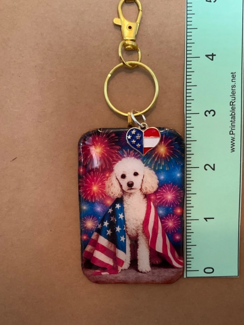 White Poodle Patriotic American Flag dog keyring / purse charm handmade by Sally